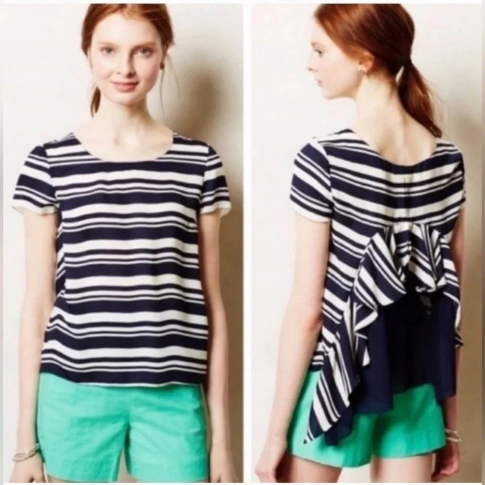 Anthropologie Maeve Stripe Apropos Top M Drapey Sides Pinked Edges Fluttery Hem‎